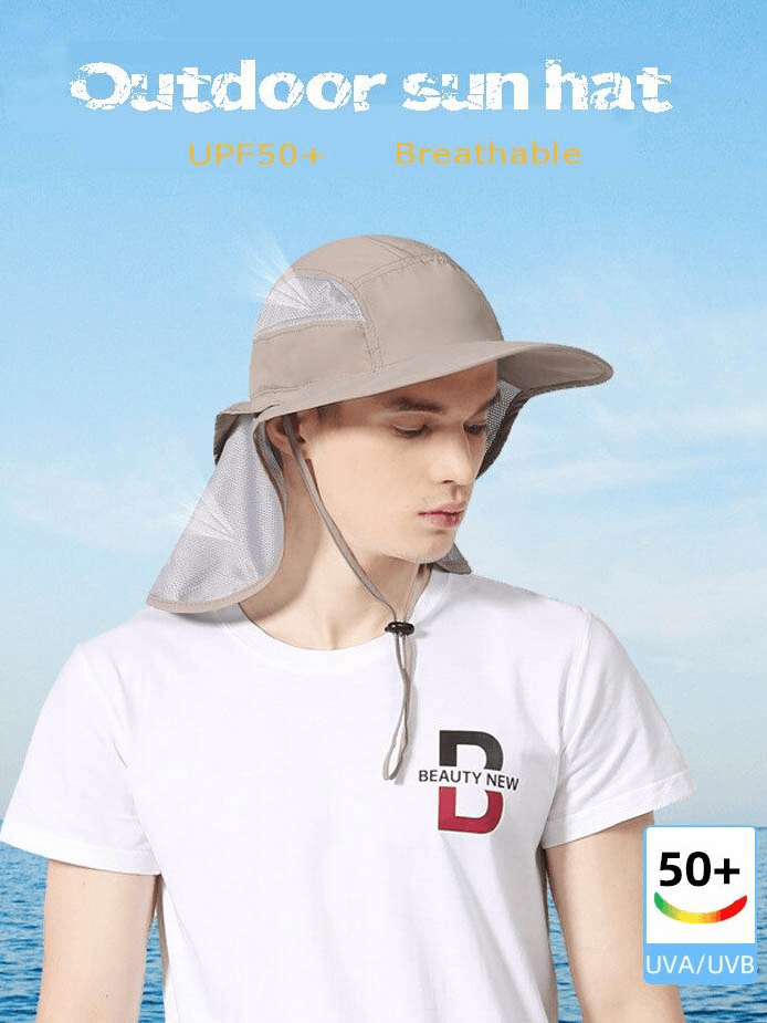 Man wearing a beige wide-brimmed UV sun hat with neck protection, designed for outdoor use, offering UPF 50+ protection.